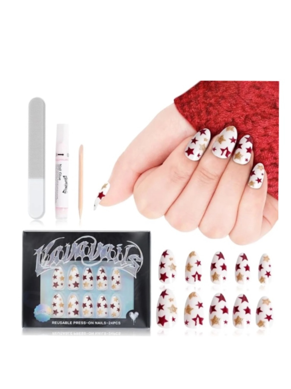 Red And Gold Stars On White Medium Almond Press-On Nails VAVAVAILS